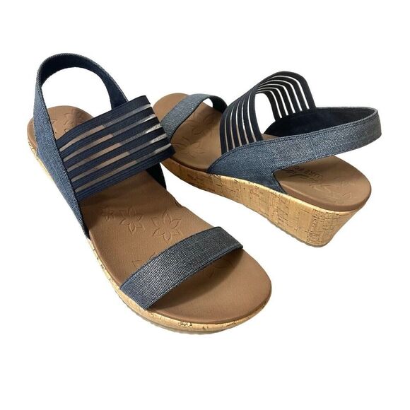 Skechers Luxe Foam Wedge Women's 11 Blue Fabric Sandals Sling Back Open Toe NEW - Picture 1 of 12